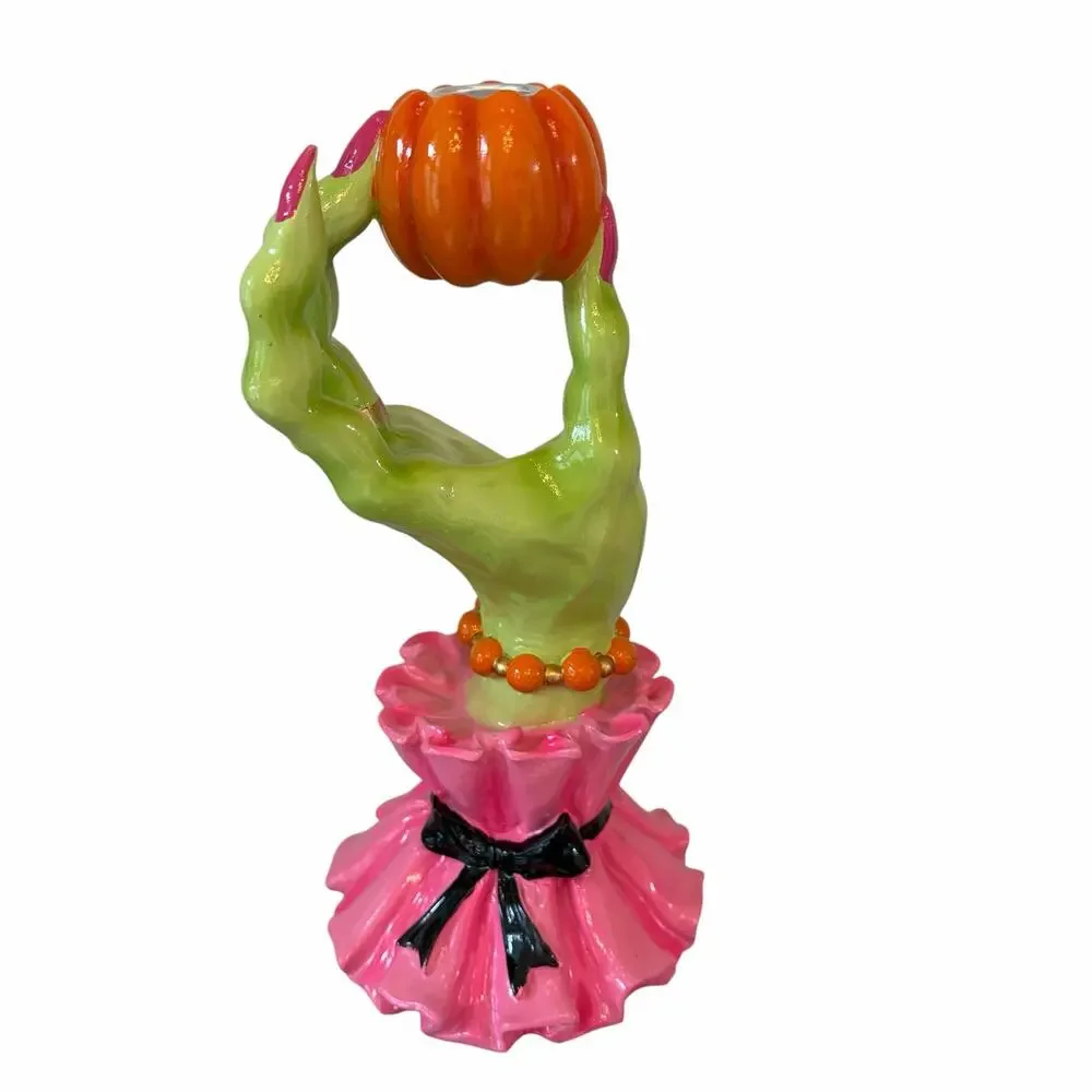 Broomstick Blvd Witch Hand Taper Candle Holders Set 2 Pink Green Halloween NEW